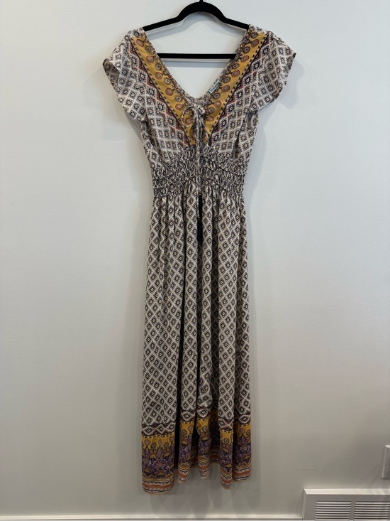 Nostalgia Dresses & Skirts - Nostalgia Ivory Maxi Dress with Yellow and Purple Border